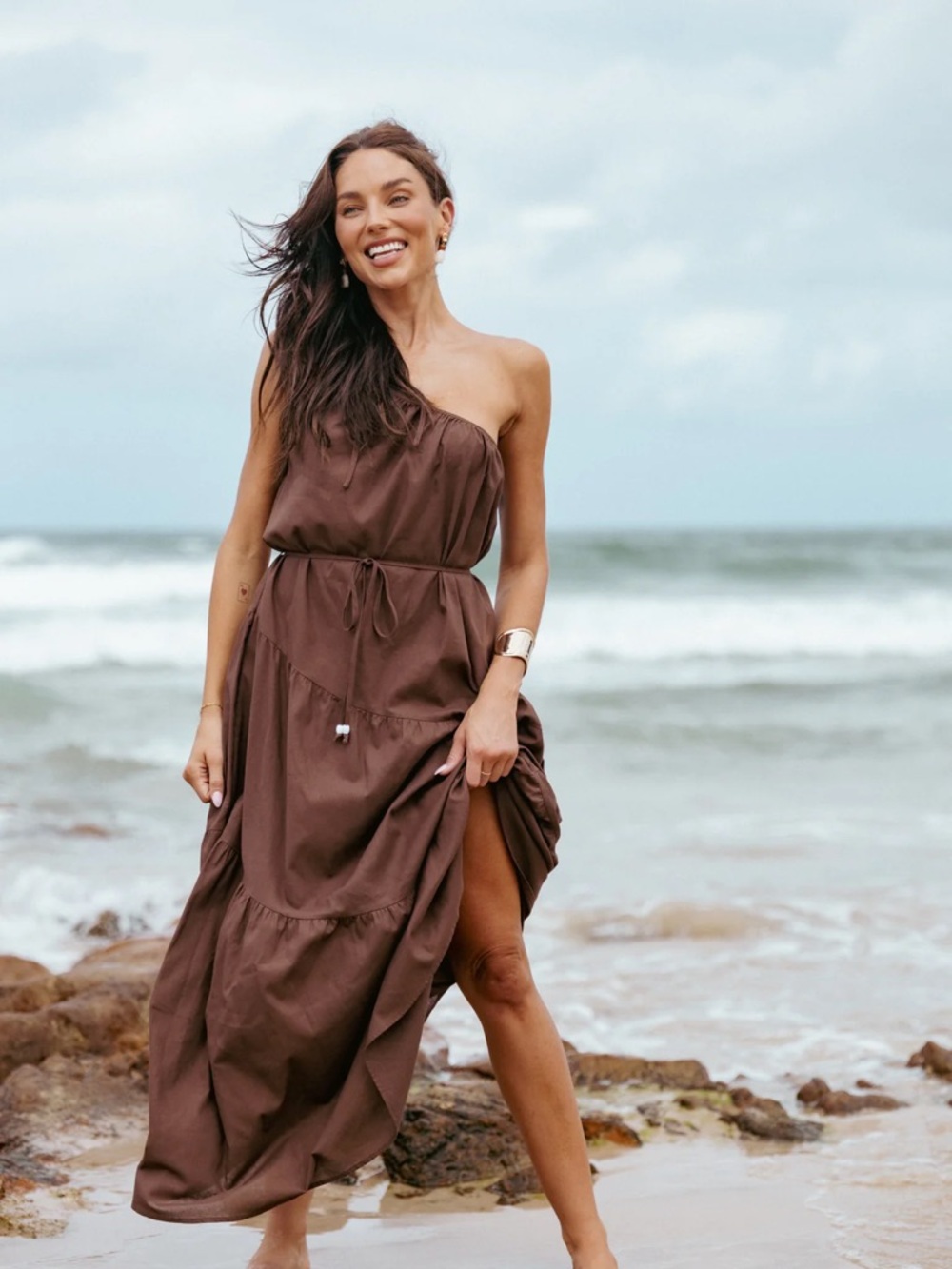 Petal & Pup Hilde One-Shoulder Asymmetrical Tiered Maxi Dress-Brown-Large